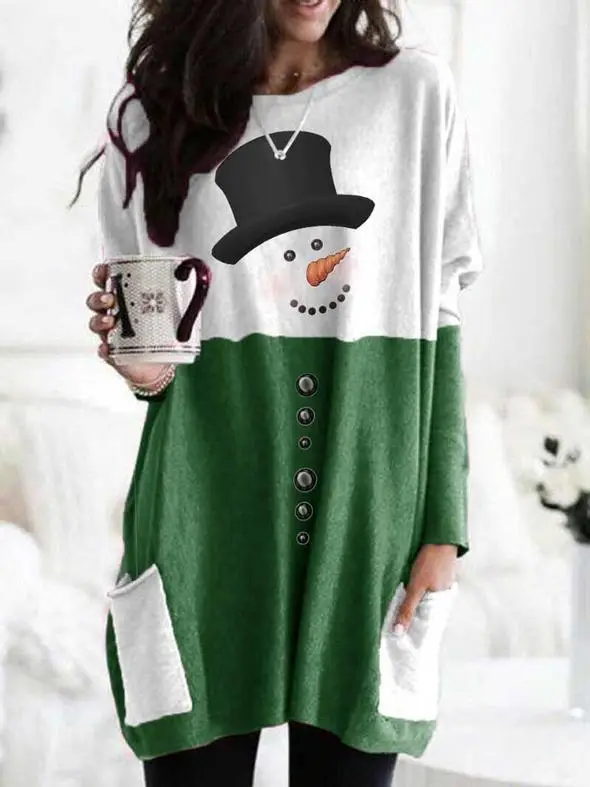 Merry Christmas Printed Long Sleeve T-Shirt Green White - Image 13