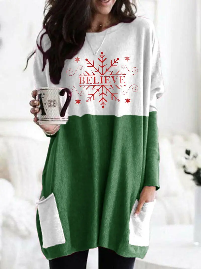 Merry Christmas Printed Long Sleeve T-Shirt Green White - Image 4
