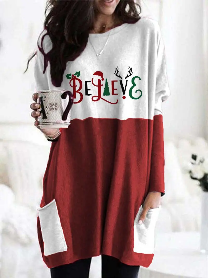 Merry Christmas Printed Long Sleeve T-Shirt Green White - Image 5