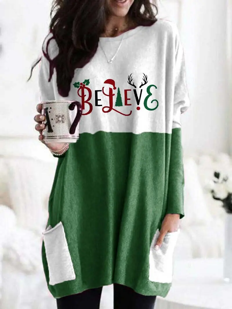 Merry Christmas Printed Long Sleeve T-Shirt Green White - Image 6