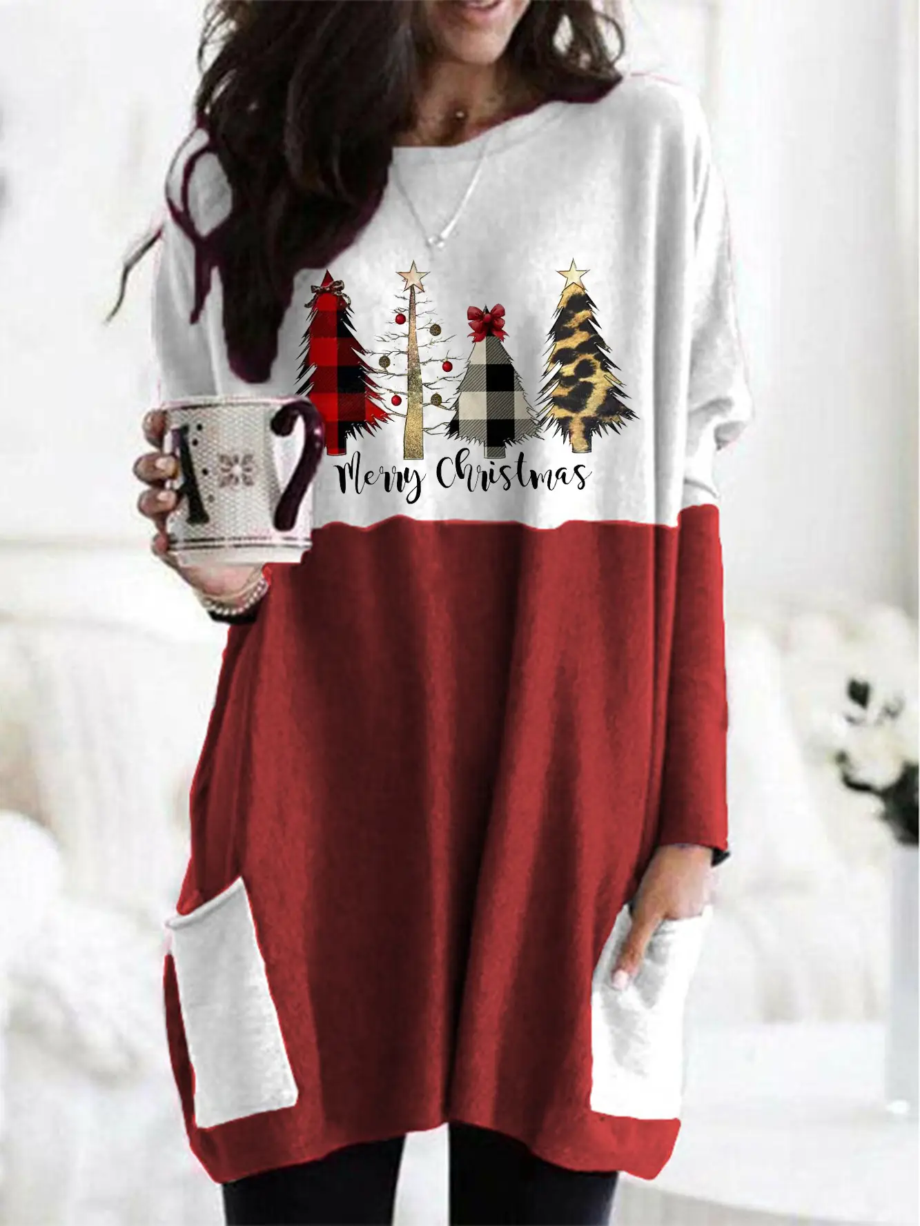 Merry Christmas Printed Long Sleeve T-Shirt Green White - Image 7
