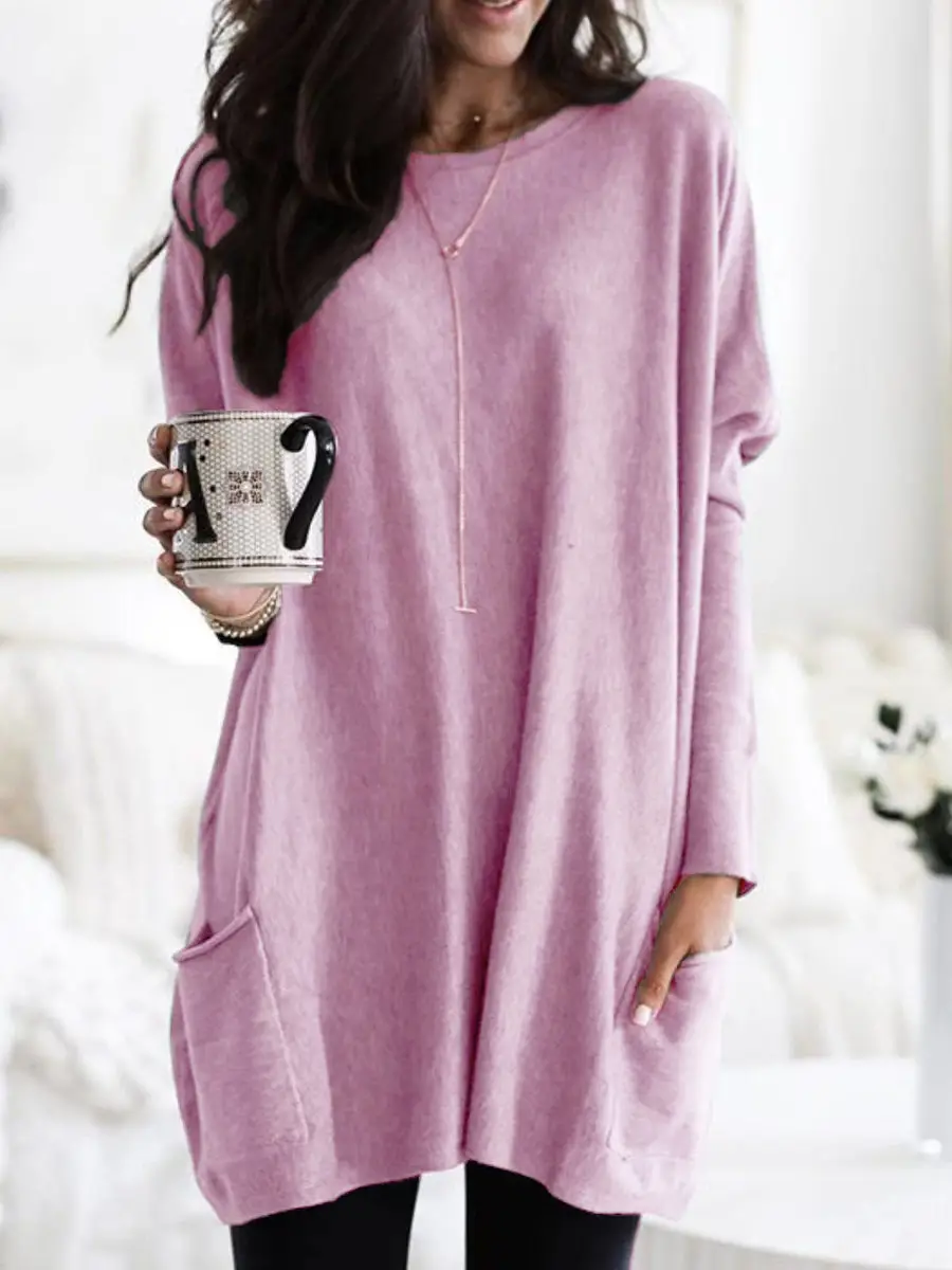 Women Blue Long Sleeve T-Shirt Top with Pocket Design