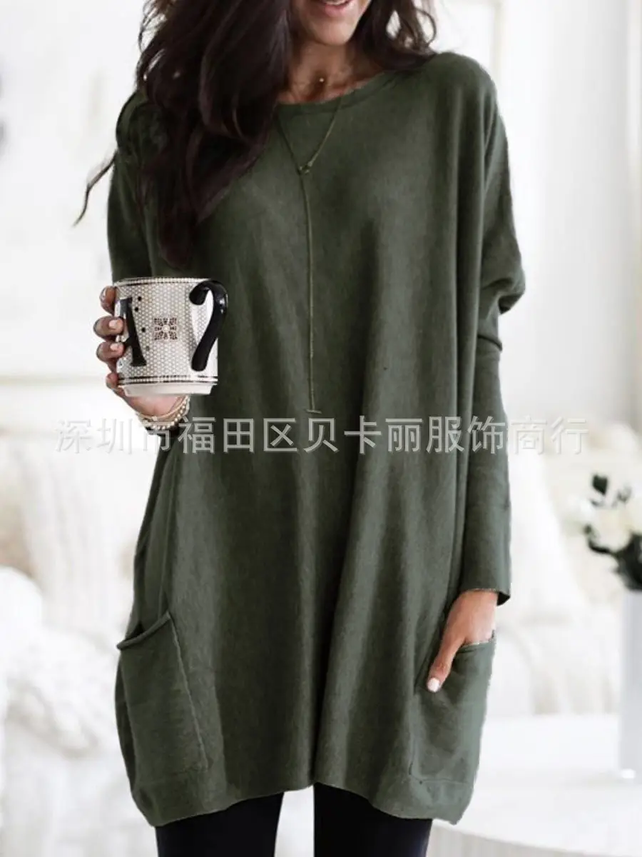 Women Blue Long Sleeve T-Shirt Top with Pocket Design