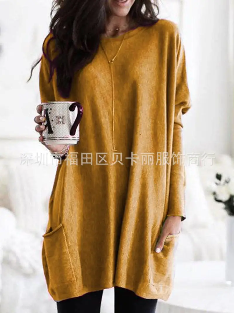 Women Blue Long Sleeve T-Shirt Top with Pocket Design