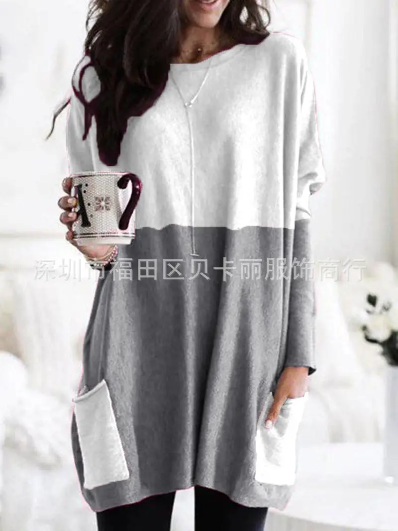 Women Blue Long Sleeve T-Shirt Top with Pocket Design