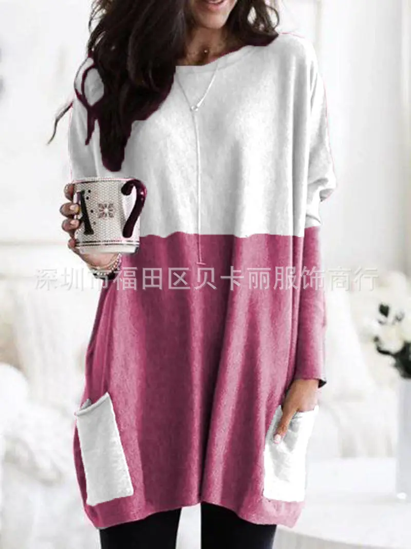 Women Blue Long Sleeve T-Shirt Top with Pocket Design
