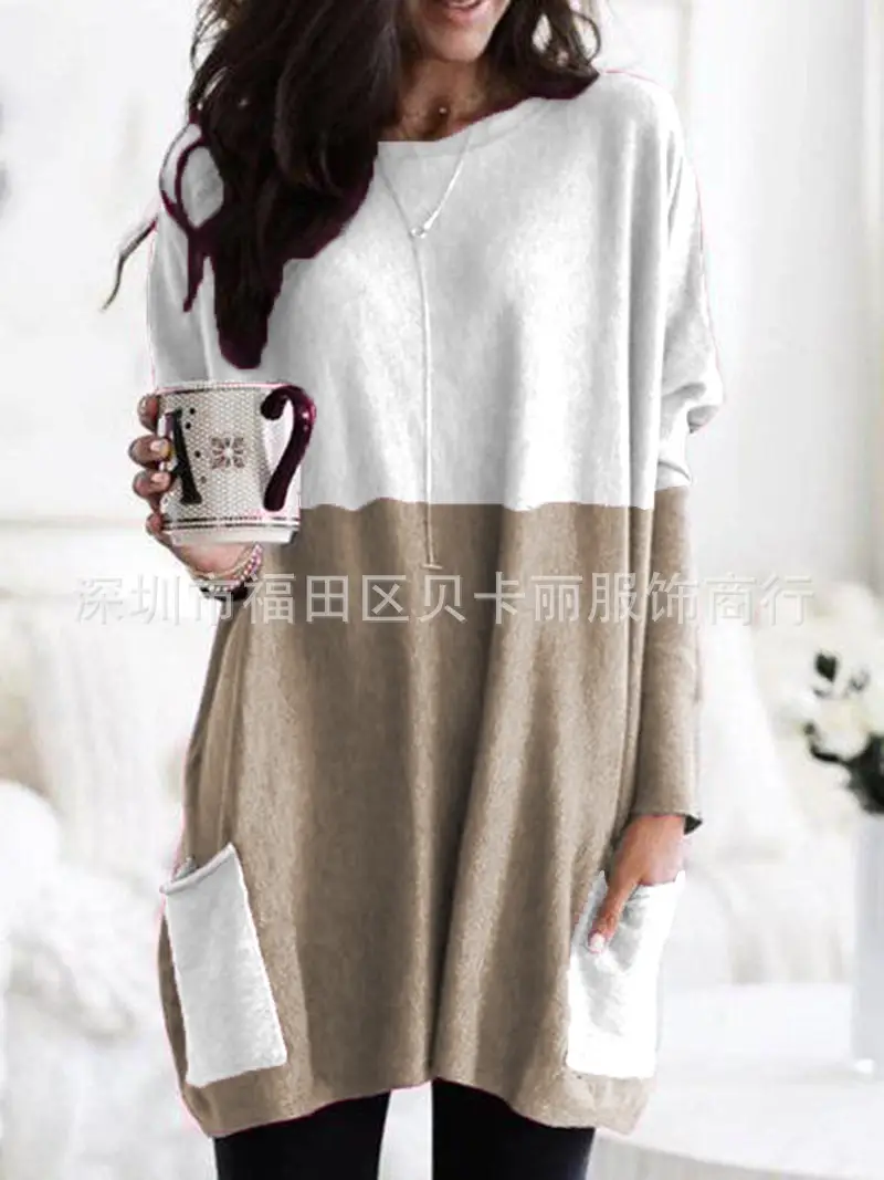 Women Blue Long Sleeve T-Shirt Top with Pocket Design