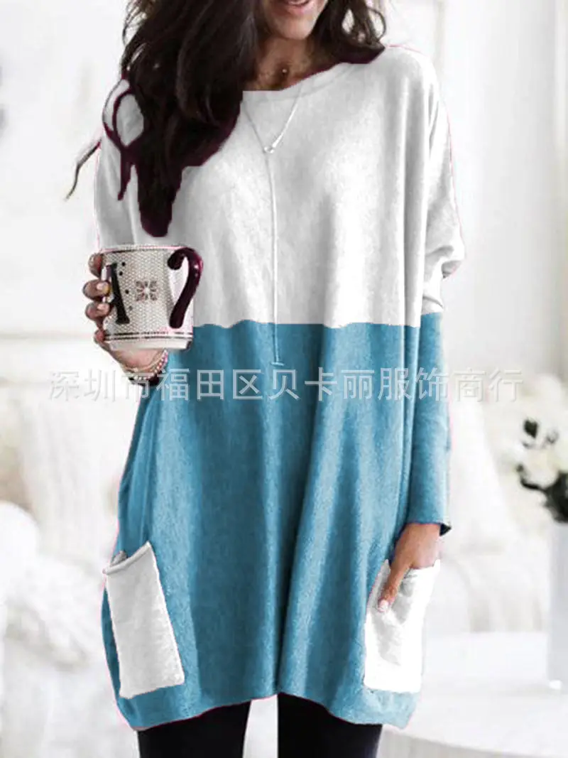 Women Blue Long Sleeve T-Shirt Top with Pocket Design
