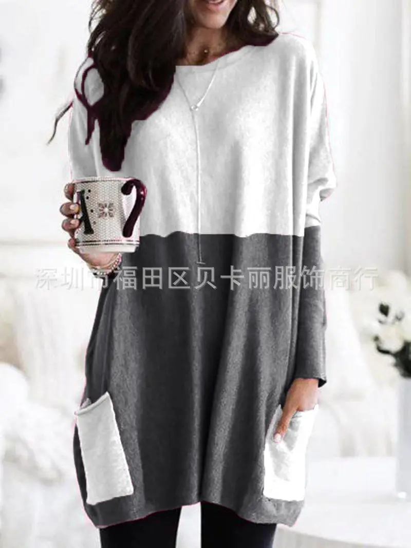 Women Blue Long Sleeve T-Shirt Top with Pocket Design