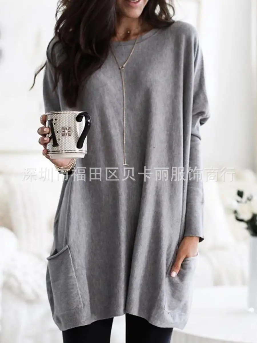 Women Blue Long Sleeve T-Shirt Top with Pocket Design