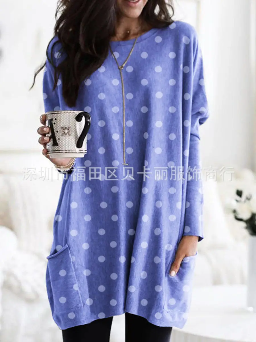 Women Blue Long Sleeve T-Shirt Top with Pocket Design