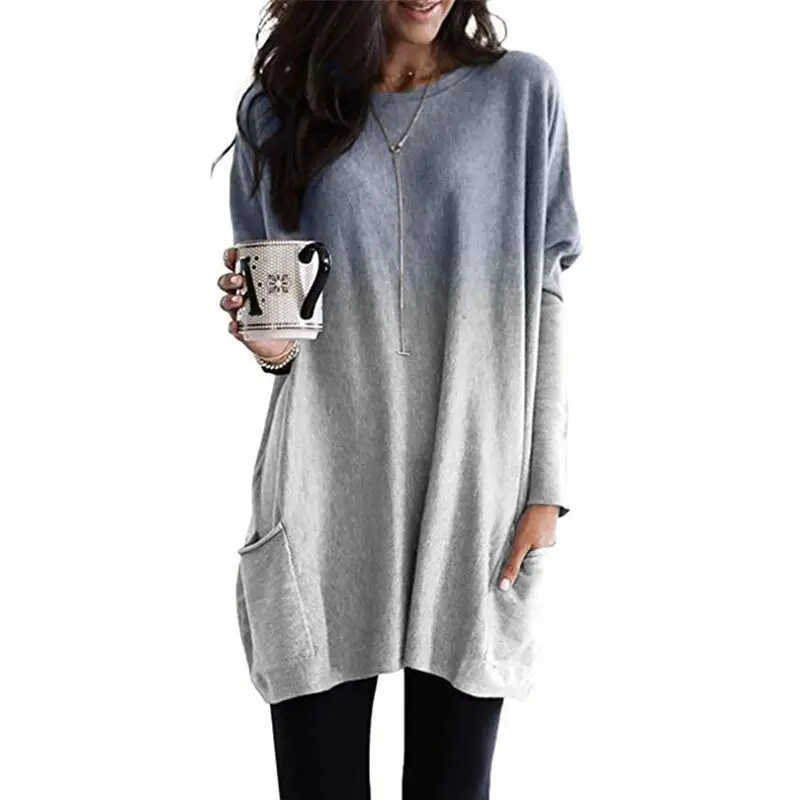 Women Blue Long Sleeve T-Shirt Top with Pocket Design