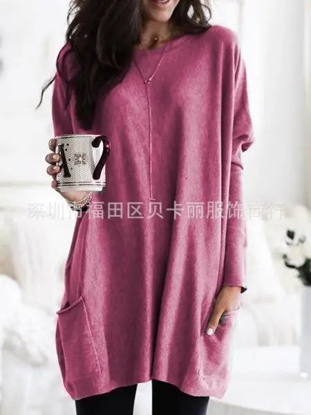Women Blue Long Sleeve T-Shirt Top with Pocket Design