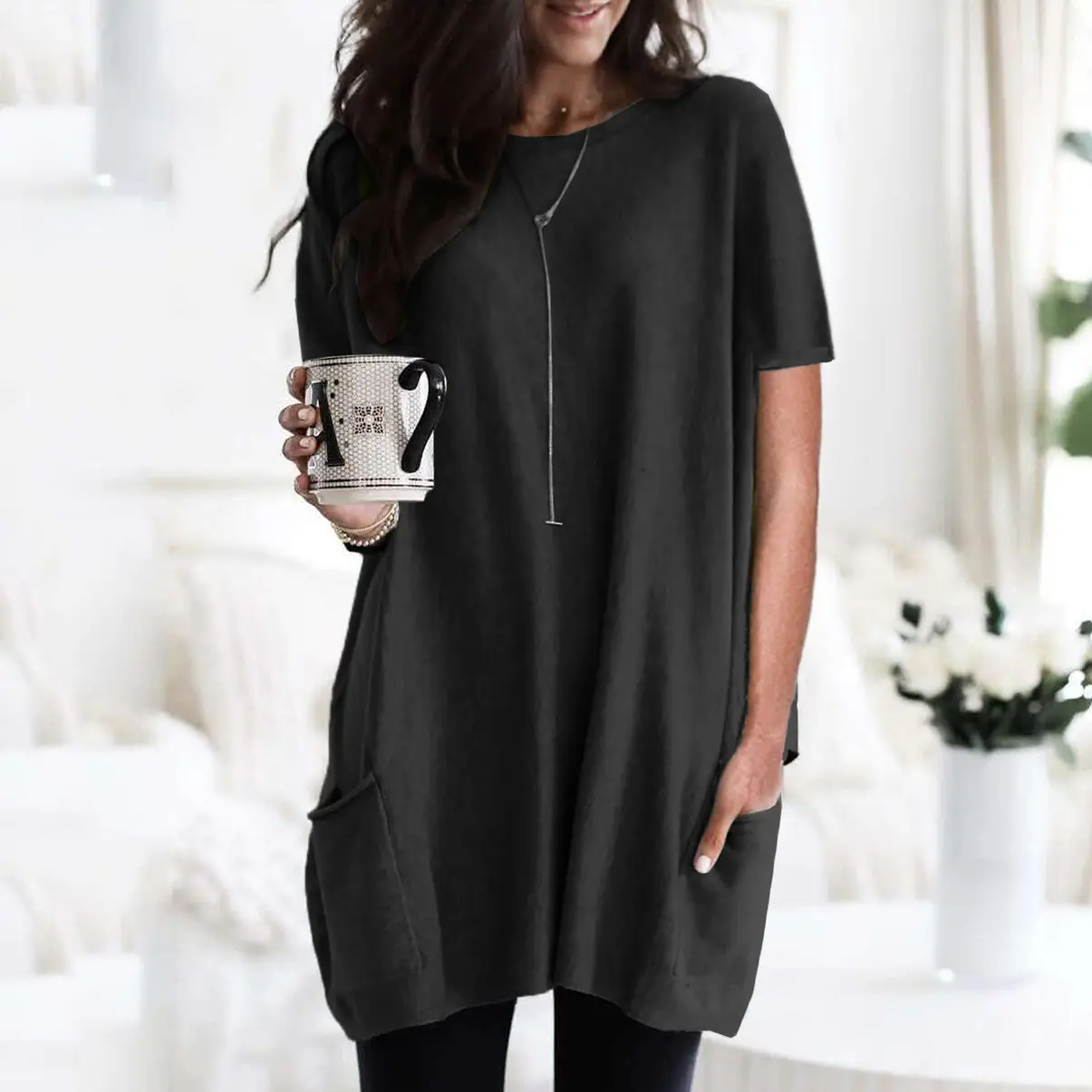 Women Blue Long Sleeve T-Shirt Top with Pocket Design
