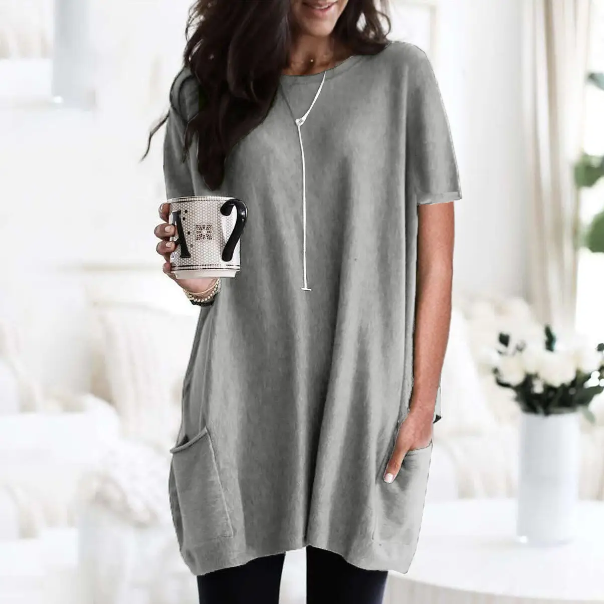 Women Blue Long Sleeve T-Shirt Top with Pocket Design