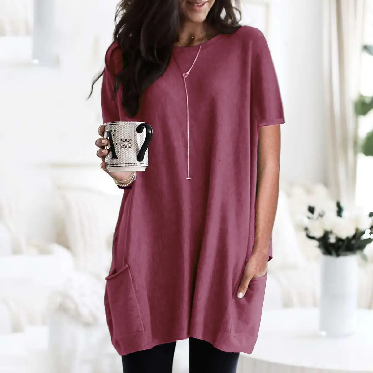 Women Blue Long Sleeve T-Shirt Top with Pocket Design
