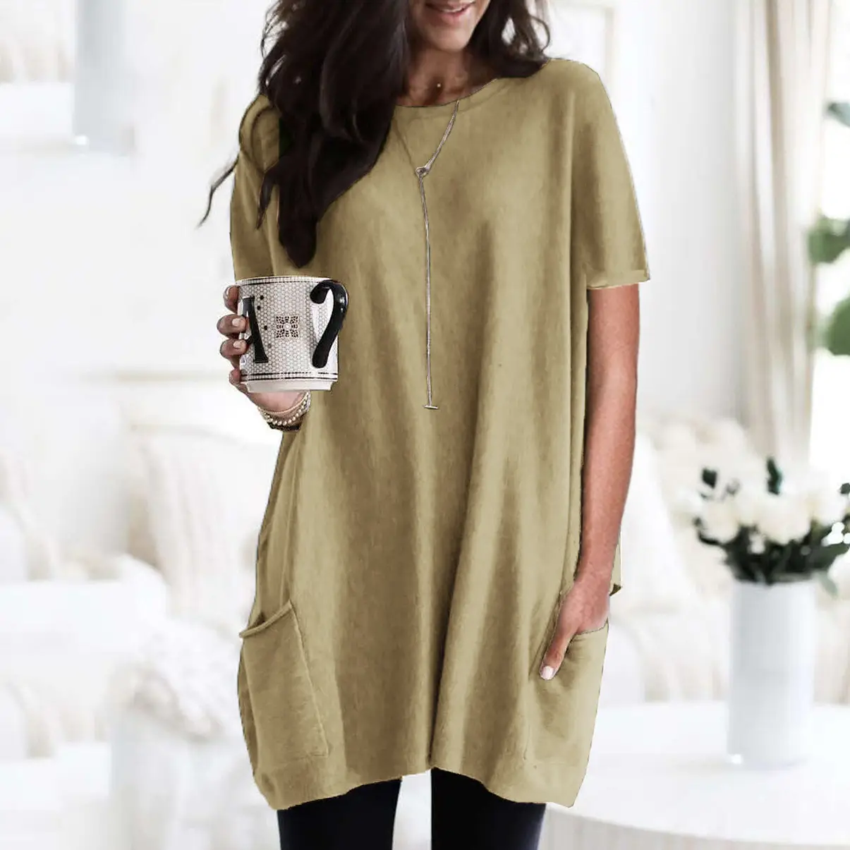Women Blue Long Sleeve T-Shirt Top with Pocket Design