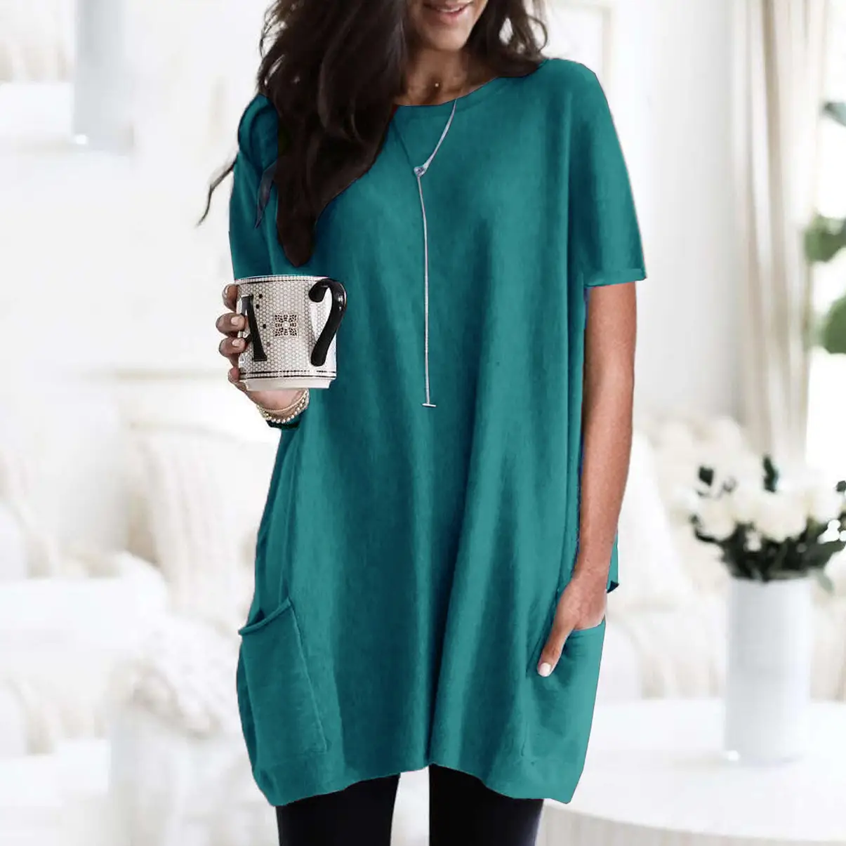 Women Blue Long Sleeve T-Shirt Top with Pocket Design
