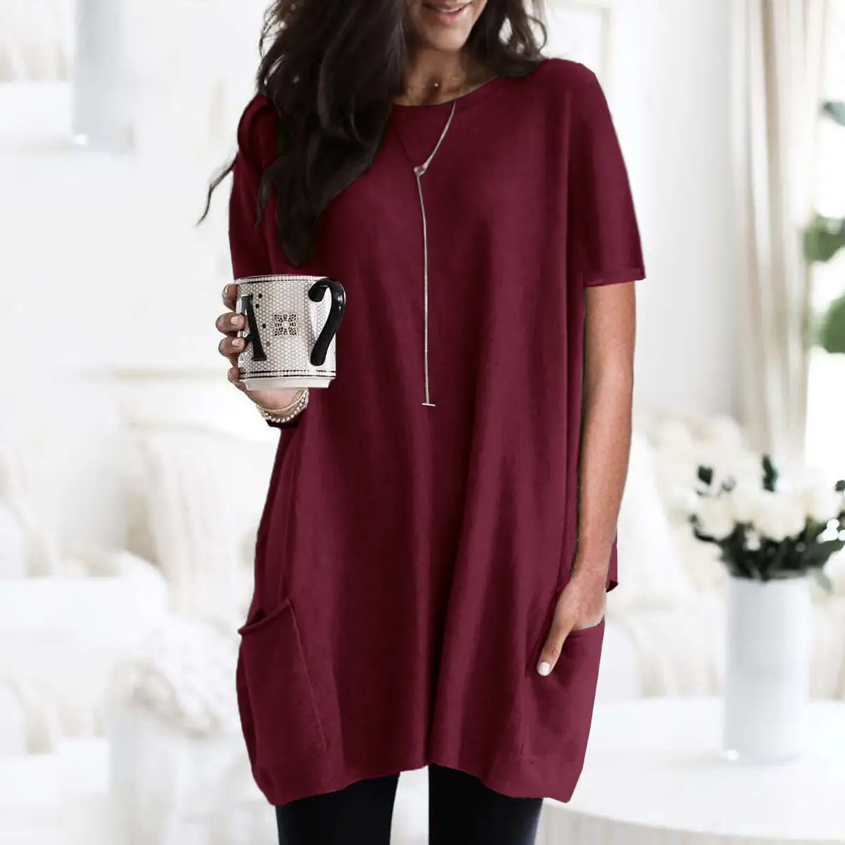 Women Blue Long Sleeve T-Shirt Top with Pocket Design