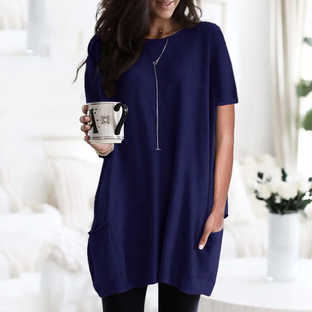 Women Blue Long Sleeve T-Shirt Top with Pocket Design