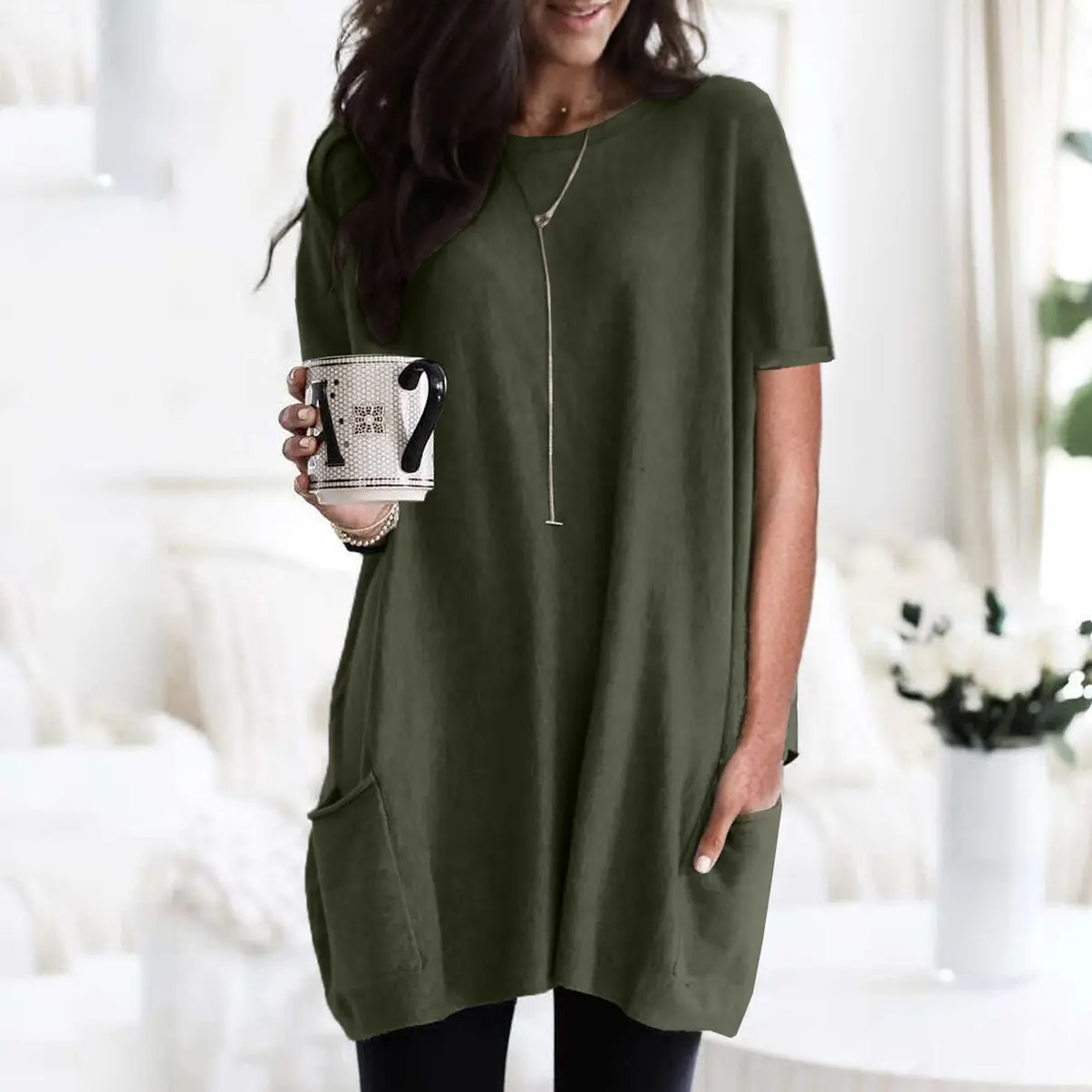 Women Blue Long Sleeve T-Shirt Top with Pocket Design