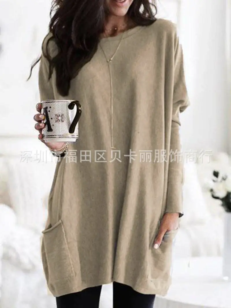 Women Blue Long Sleeve T-Shirt Top with Pocket Design