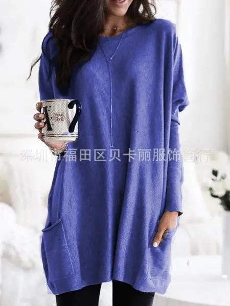 Women Blue Long Sleeve T-Shirt Top with Pocket Design