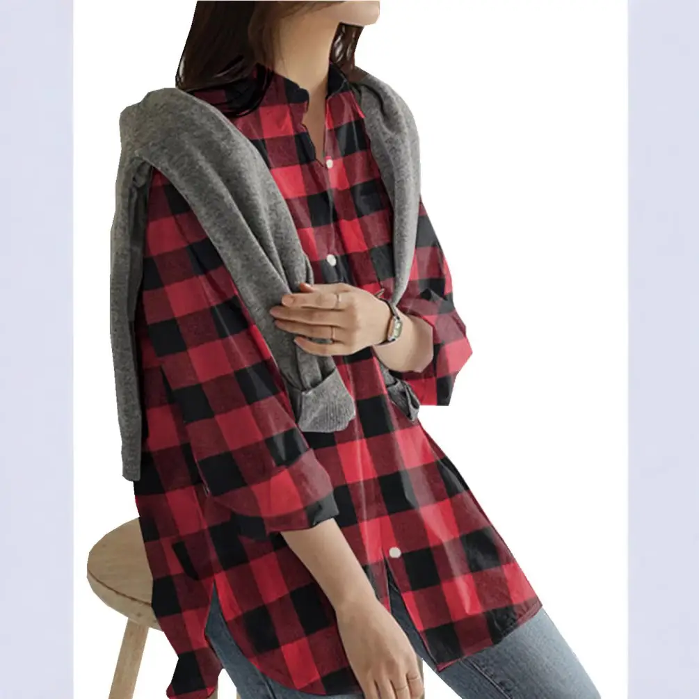 2025 Women's Plaid Long Sleeve Shirt Mid Length - Image 5