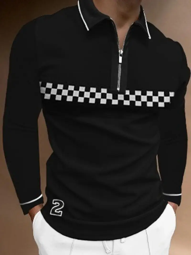Men's Black Checkered Polo Shirt Large - Image 17