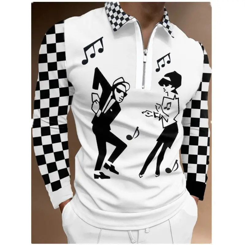 Men's Black Checkered Polo Shirt Large - Image 9