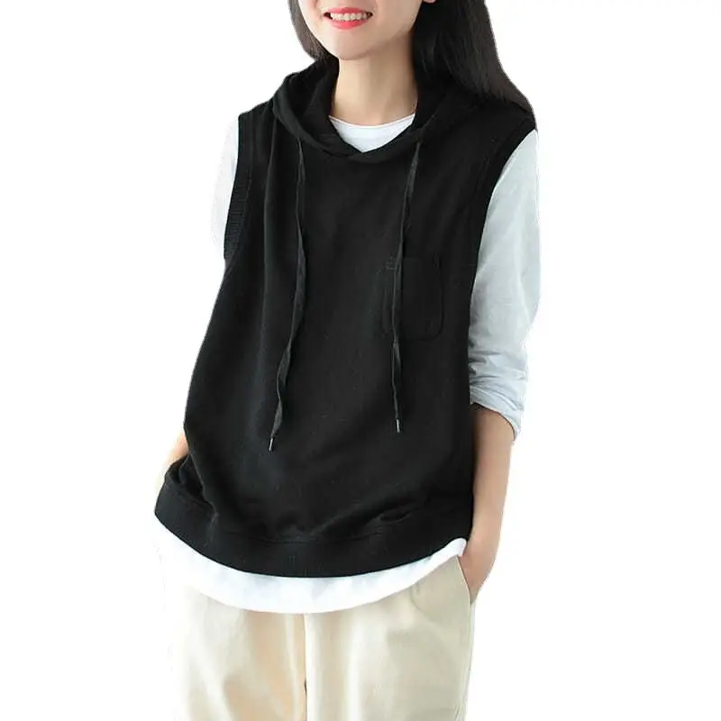 Women Cotton Hooded Vest Spring Autumn Loose Sleeveless Sweater