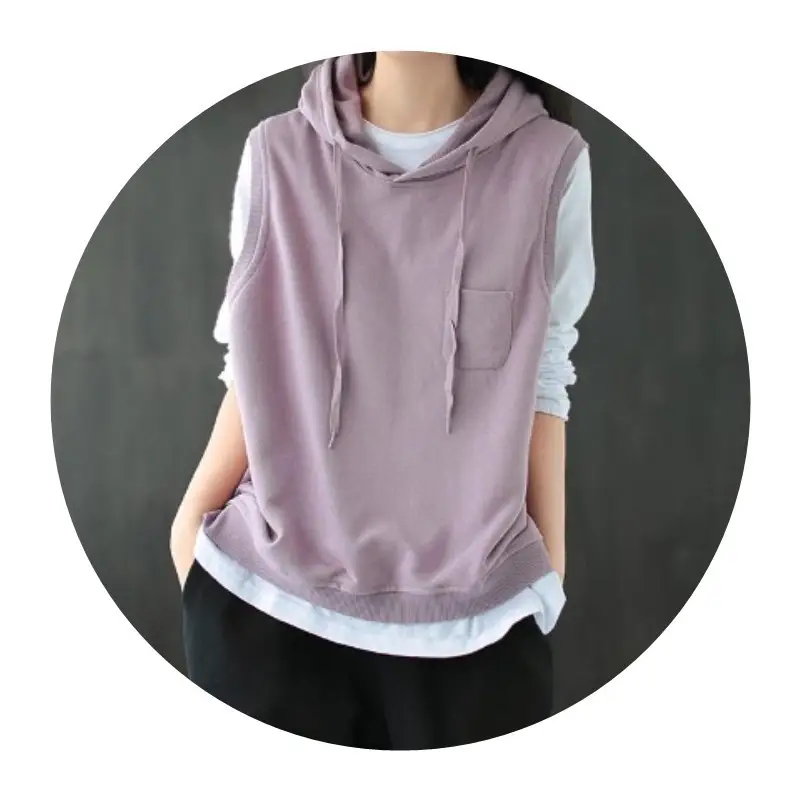 Women Cotton Hooded Vest Spring Autumn Loose Sleeveless Sweater