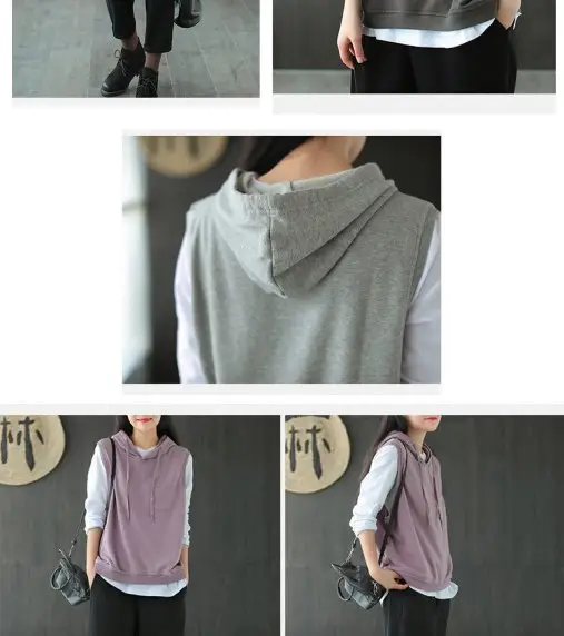 Women Cotton Hooded Vest Spring Autumn Loose Sleeveless Sweater — feature 10