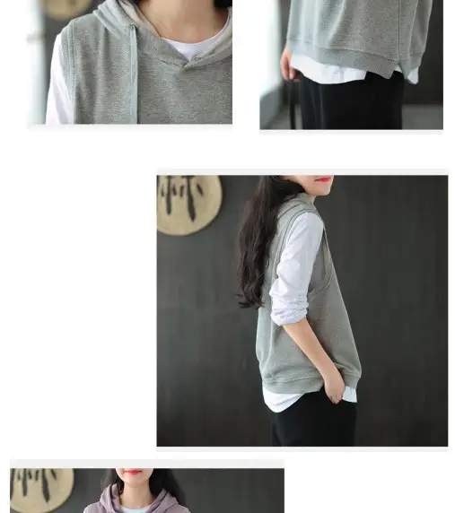 Women Cotton Hooded Vest Spring Autumn Loose Sleeveless Sweater — feature 7