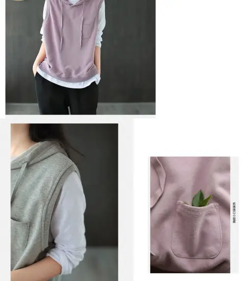 Women Cotton Hooded Vest Spring Autumn Loose Sleeveless Sweater — feature 8