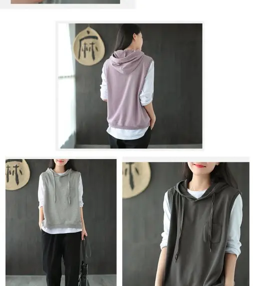 Women Cotton Hooded Vest Spring Autumn Loose Sleeveless Sweater — feature 9