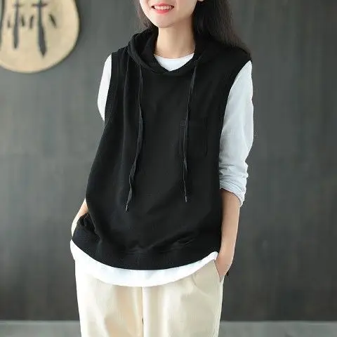Women Cotton Hooded Vest Spring Autumn Loose Sleeveless Sweater