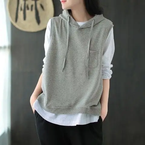 Women Cotton Hooded Vest Spring Autumn Loose Sleeveless Sweater