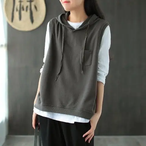 Women Cotton Hooded Vest Spring Autumn Loose Sleeveless Sweater