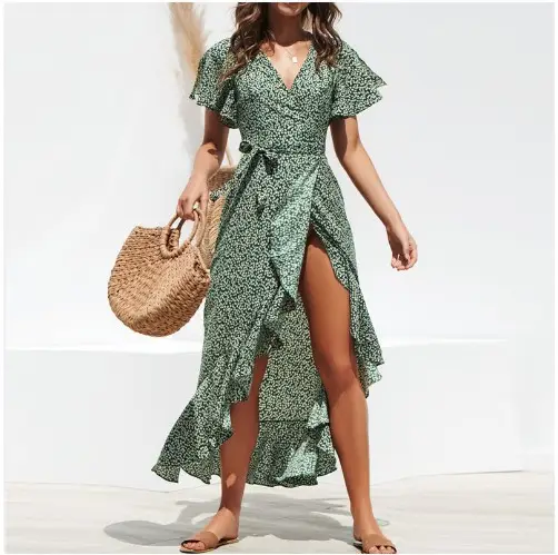 2020 V-Neck Chiffon Printed Dress with High Waist - Image 7