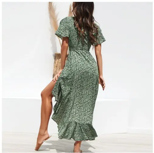 2020 V-Neck Chiffon Printed Dress with High Waist - Image 8
