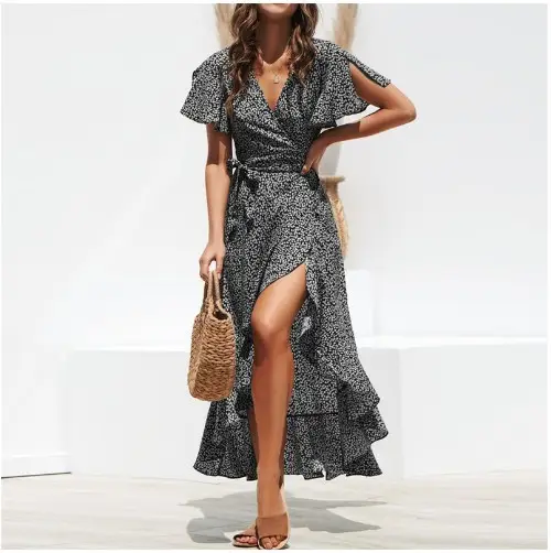 2020 V-Neck Chiffon Printed Dress with High Waist - Image 9
