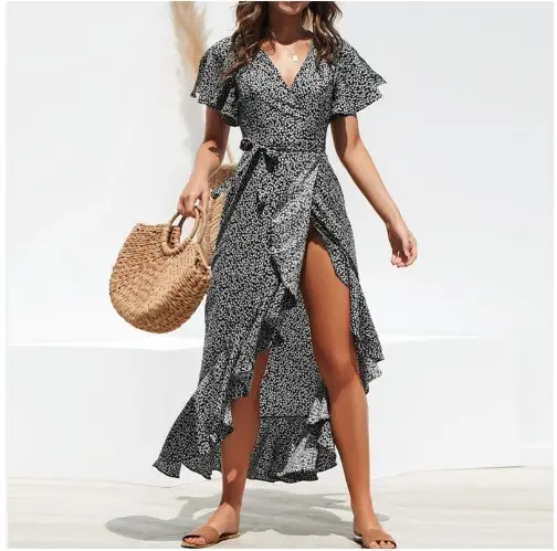 2020 V-Neck Chiffon Printed Dress with High Waist - Image 10
