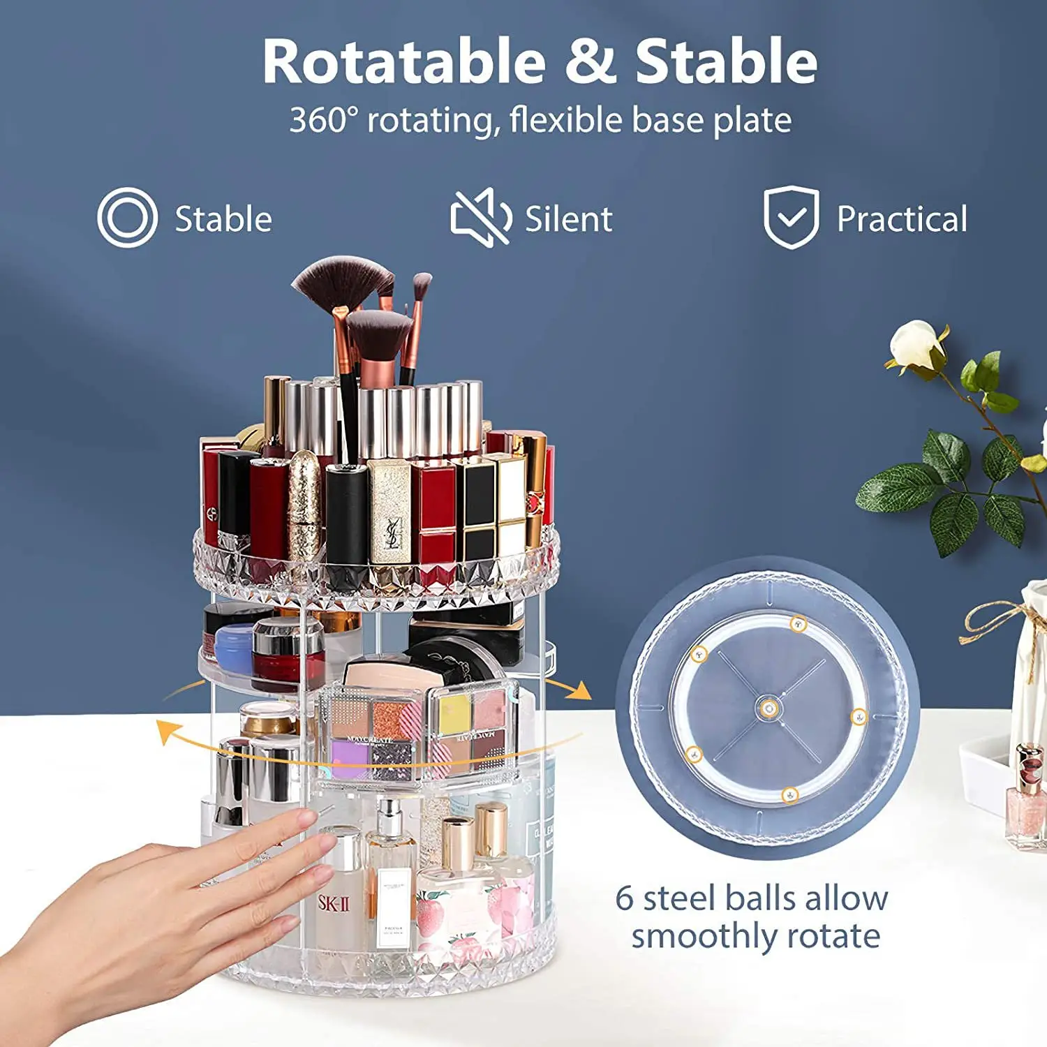 Diamond Rotating Makeup Storage Rack with Brush & Bottles - Image 5