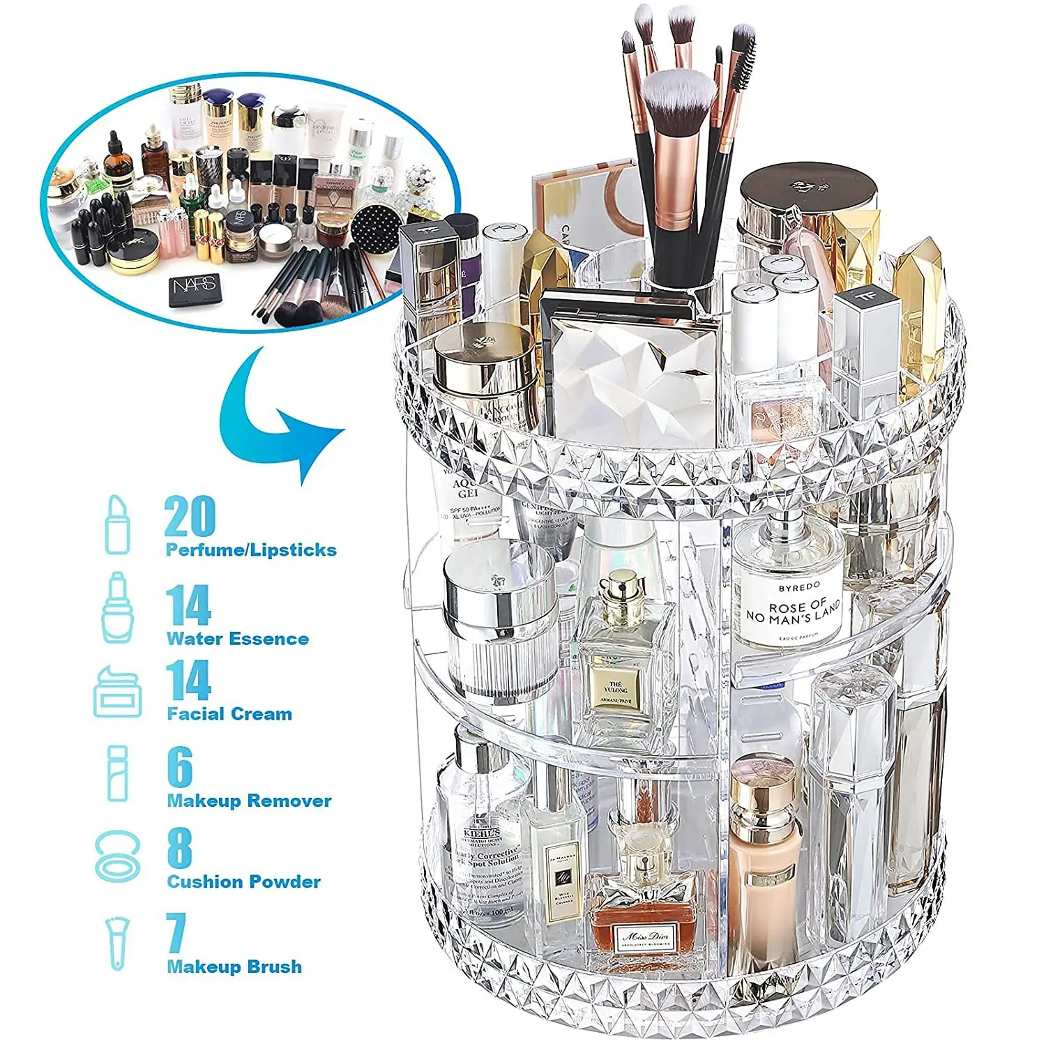 Diamond Rotating Makeup Storage Rack with Brush & Bottles β feature 3