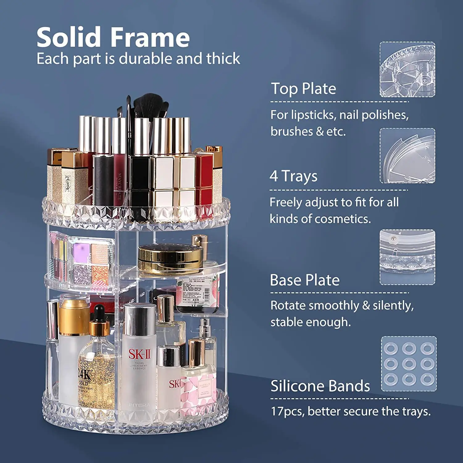 Diamond Rotating Makeup Storage Rack with Brush & Bottles β feature 4