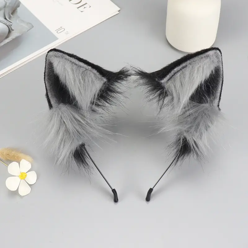 Plush Cat Ear Hairband Purple Faux Fur Cosplay Set