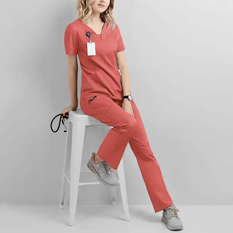 Female Dental Nurse Short Sleeve Maroon Pajama Set - Image 3