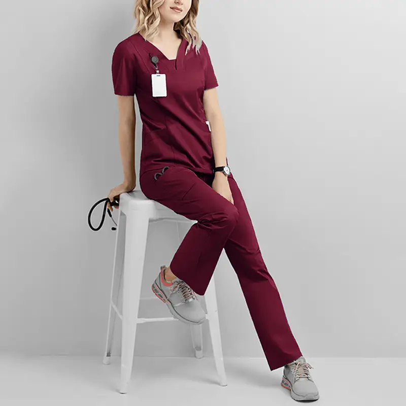 Female Dental Nurse Short Sleeve Maroon Pajama Set - Image 6
