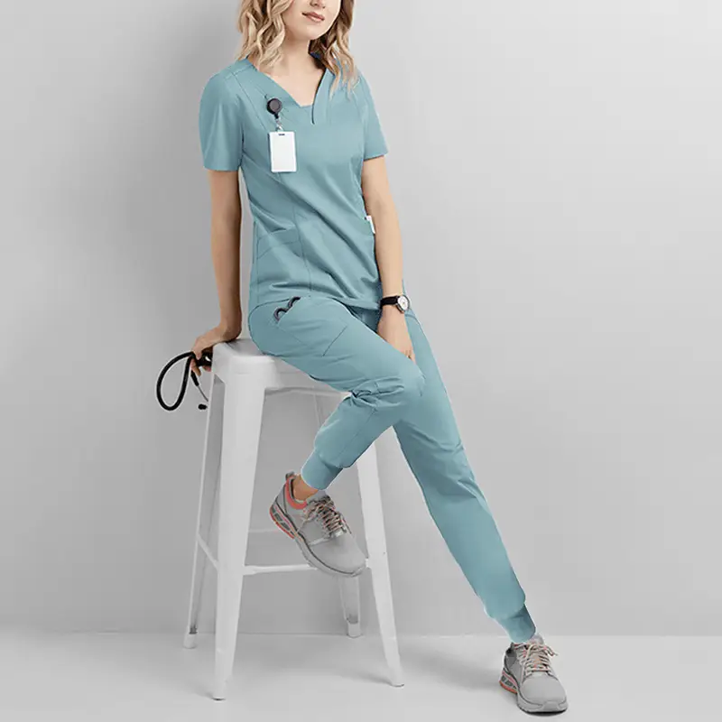 Elastic V-Neck Medical Work Top Teal Women - Image 14